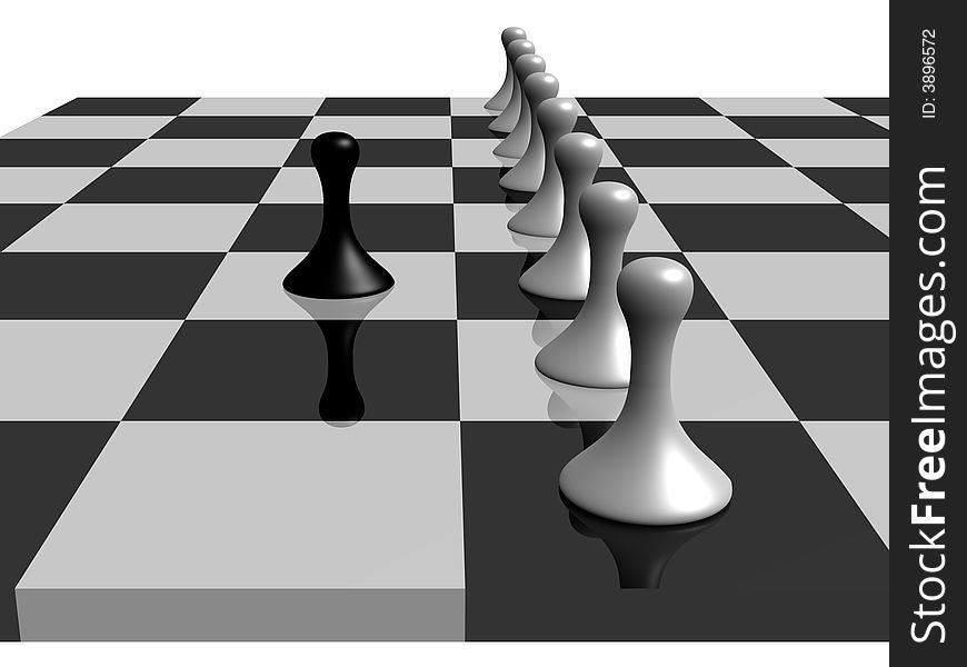 a black pawn facing several white pawns in a chess board. a black pawn facing several white pawns in a chess board