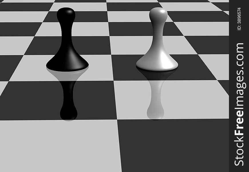 A black pawn facing a white pawns in a chess board. A black pawn facing a white pawns in a chess board