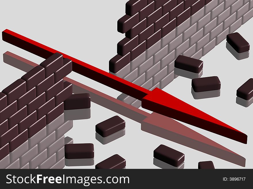 Red arrow breaking through a brick wall. Red arrow breaking through a brick wall