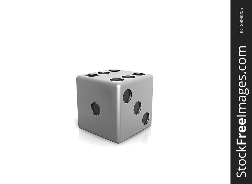 A 3D model of a metal dice placed on a reflective white background. A 3D model of a metal dice placed on a reflective white background.