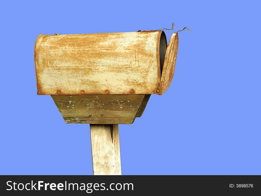 Old rusting American mailbox, isolated on blue. Old rusting American mailbox, isolated on blue