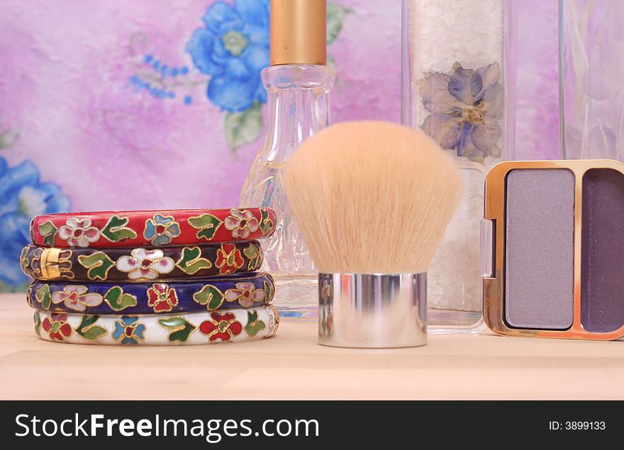 Vintage Bracelets and Cosmetics on Vanity, Shallow DOF, Focus on Eyeshadow and  Bath Products