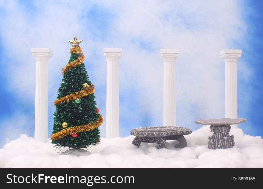 Christmas Tree and Columns on Cotton With Blue Textured Background