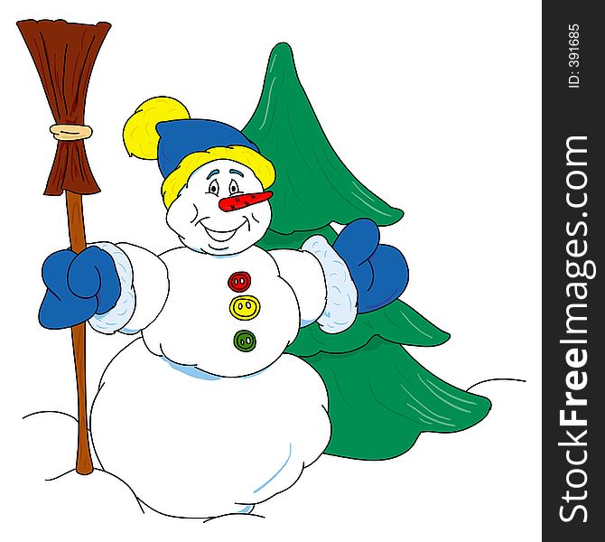 Snowman with a broom