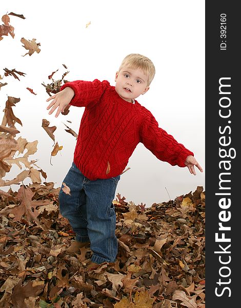 Happy two year old boy playing in leaves. Happy two year old boy playing in leaves.