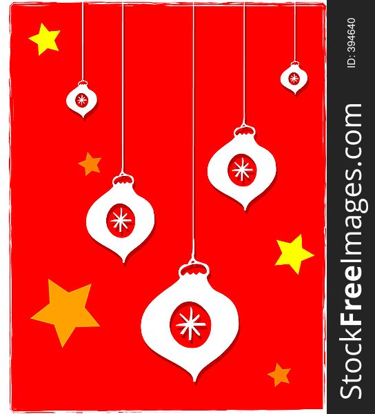 Christmas card or background illustration of baubles and stars against red background