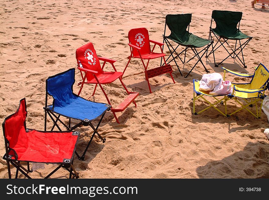 Seven beach chairs abandoned by the children