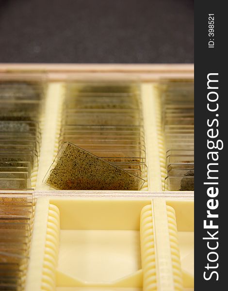 Geologic samples - thin sections in a rack. Geologic samples - thin sections in a rack