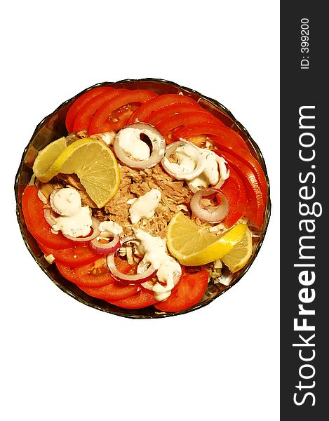 Menu dish, isolated-tuna salad and tomatoes