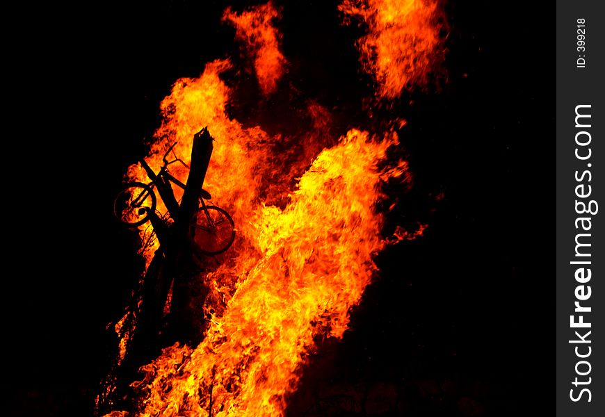 Bicycle burning in the fire. Bicycle burning in the fire