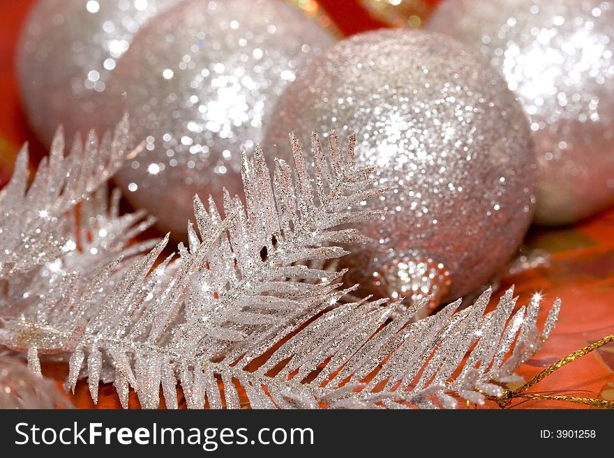 Close-up of silver Christmas tree and balls