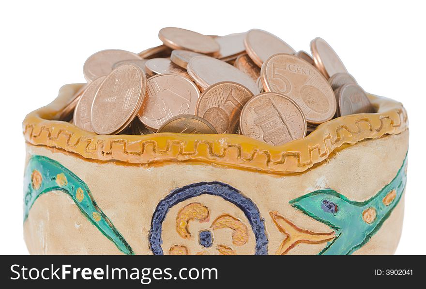 Painted clay bowl with coins
