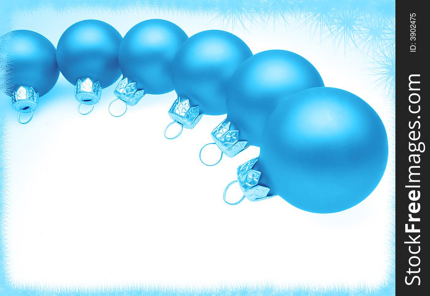 New Year's fur-tree toys, spheres blue color, close up. New Year's fur-tree toys, spheres blue color, close up