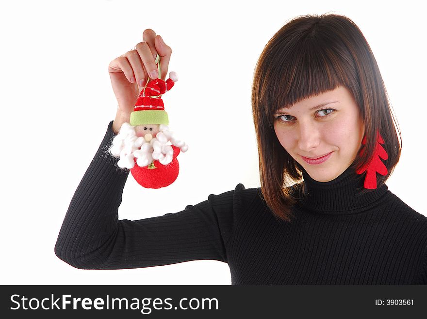 Young woman with new year tree as ear ring. Young woman with new year tree as ear ring