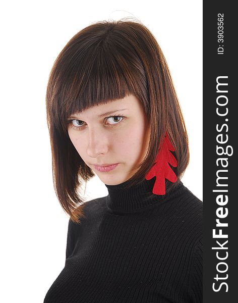 Young woman with new year tree as ear ring. Young woman with new year tree as ear ring