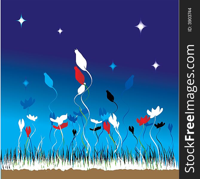 Grass and flowers on a background of the night sky