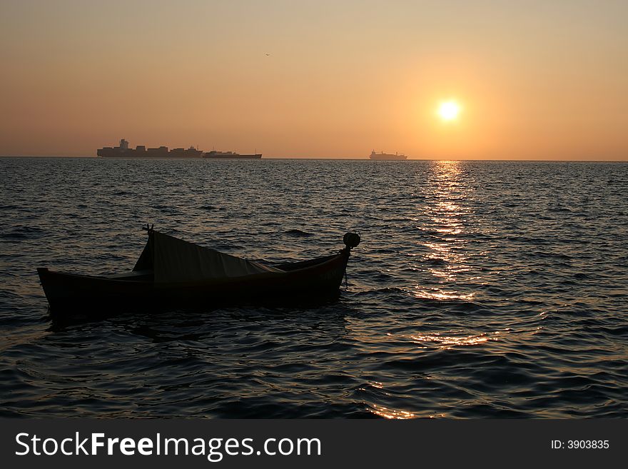 Warm sunset on a winter day on a small boat. Warm sunset on a winter day on a small boat