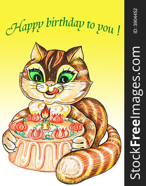 Cat with a holiday pie on a yellow background. Cat with a holiday pie on a yellow background
