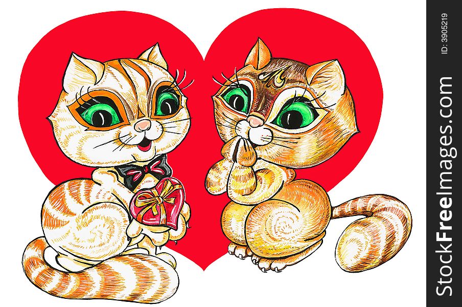 The cat gives a gift to a cat on a background of heart, a white background. The cat gives a gift to a cat on a background of heart, a white background