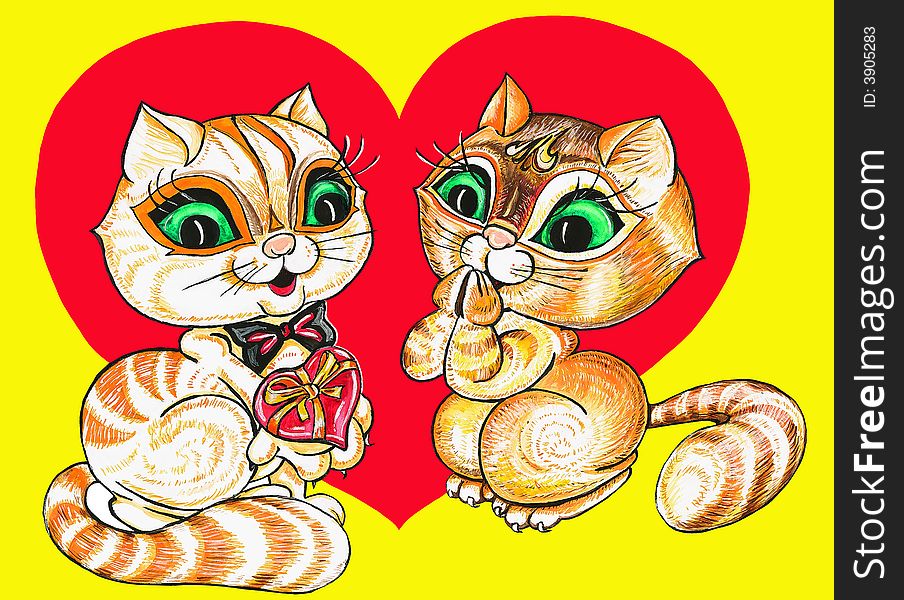 The cat gives a gift to a cat on a background of heart, a yellow background. The cat gives a gift to a cat on a background of heart, a yellow background