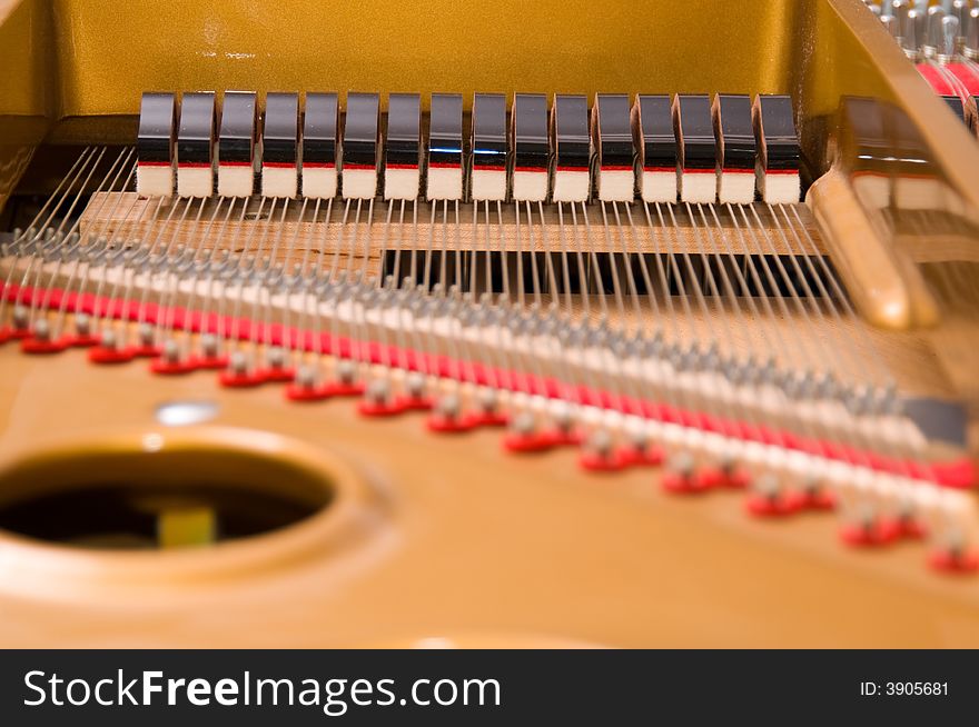 Inside a baby grand piano. Inside a baby grand piano.