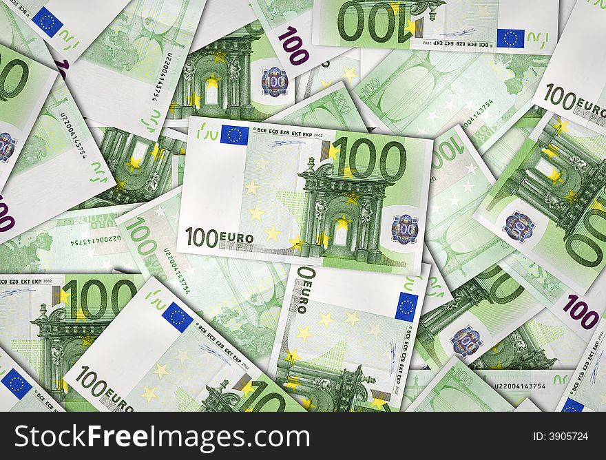 Pile of European Union 100 Euro banknotes pilled together. Pile of European Union 100 Euro banknotes pilled together.