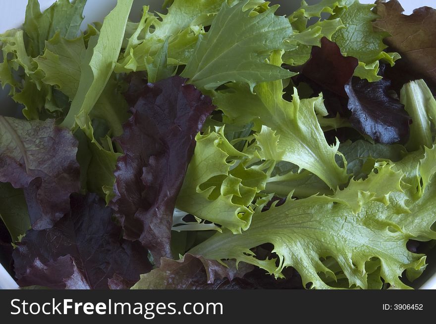 A fresh mixed greens salad in a white bowl.