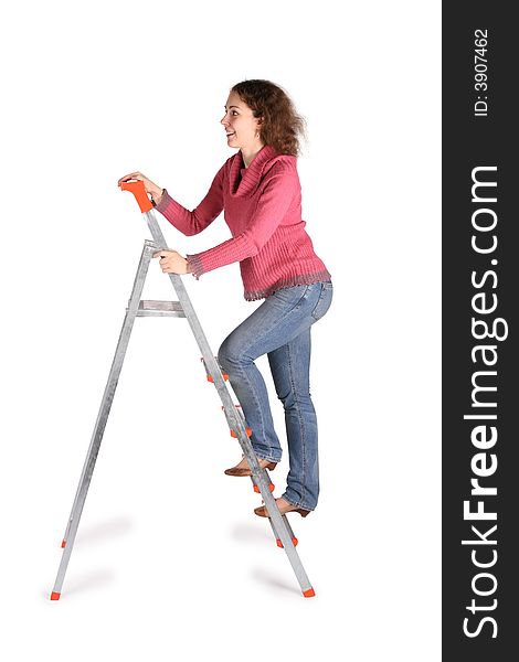 Young woman on  stepladder on white