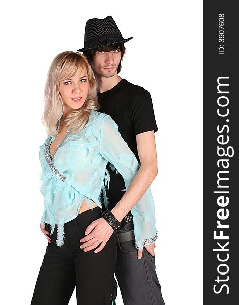 Boy in black hat embraces girl in cyan blouse on white 2