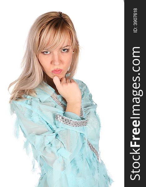 Serious girl in cyan blouse