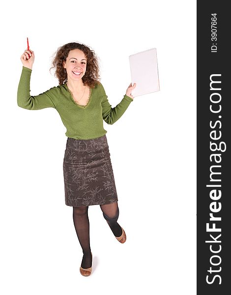 Young woman with pen and white sheet on white