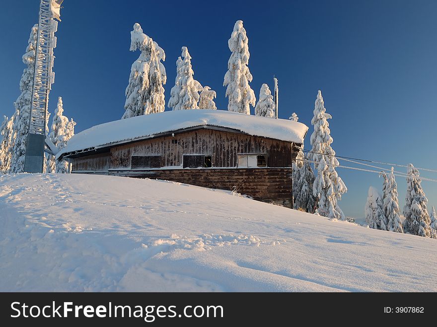 Fresh snow covered mt. seymour in the morning