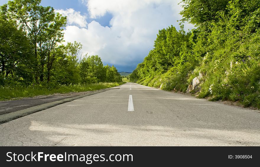 Road drive amid trees with cloudy sky in the background. Road drive amid trees with cloudy sky in the background