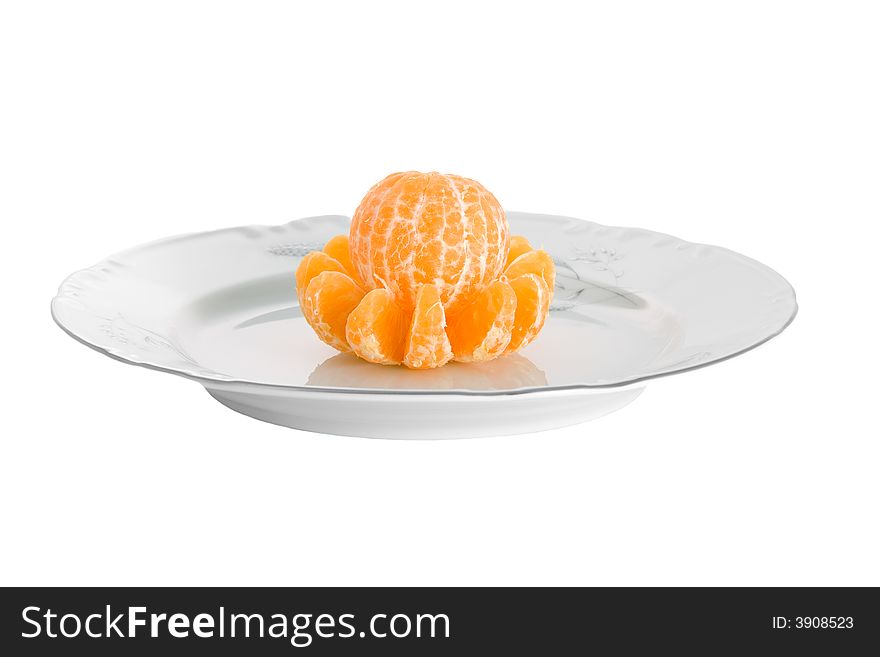 Peeled tangerines on plate isolated on white