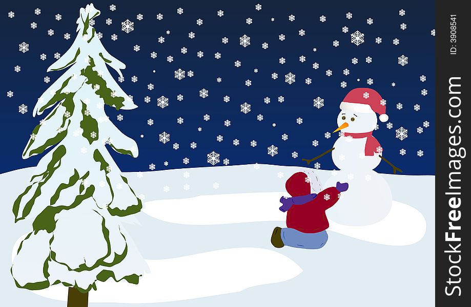 Boy is making a snowman (vector illustration)