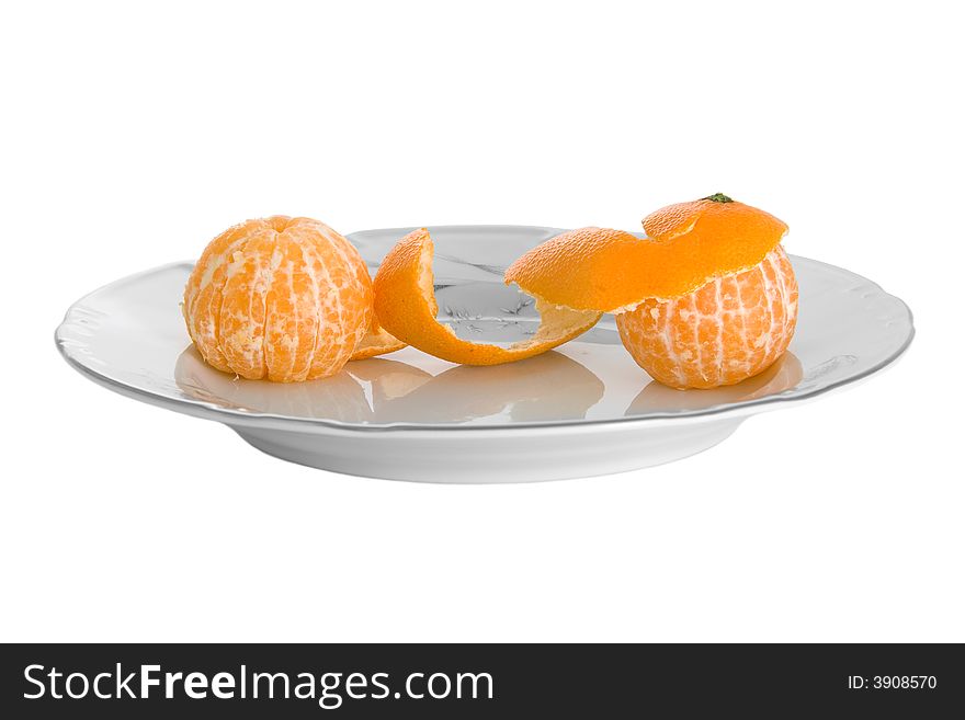 Two connected peeled tangerines on plate isolated on white