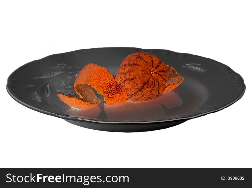 Peeled infernal tangerines on plate isolated on white. Peeled infernal tangerines on plate isolated on white