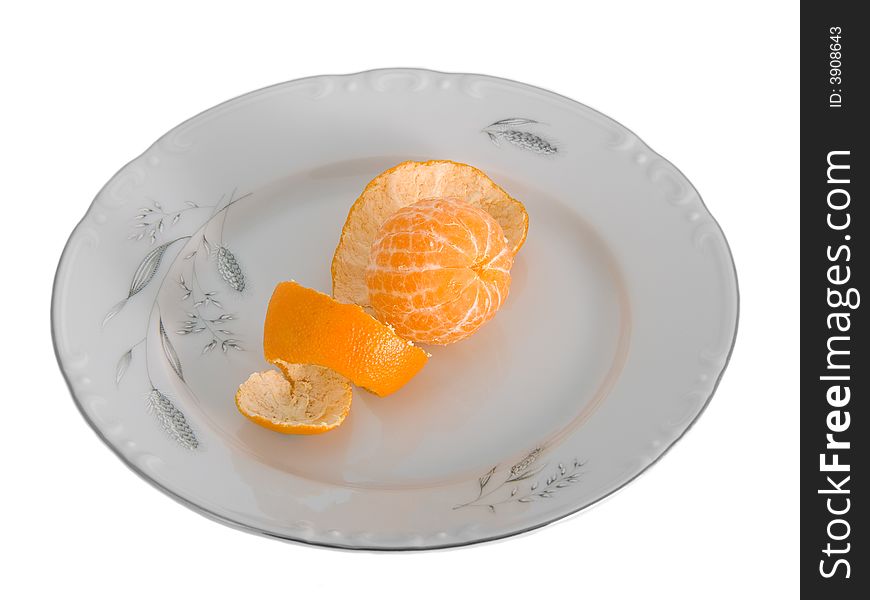 Peeled tangerines on plate isolated on white