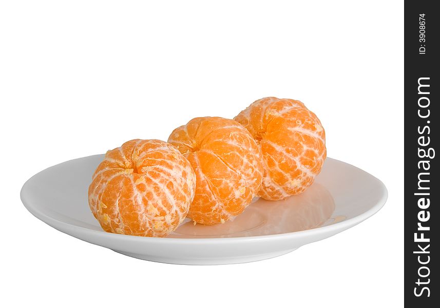 Peeled tangerines on plate isolated on white