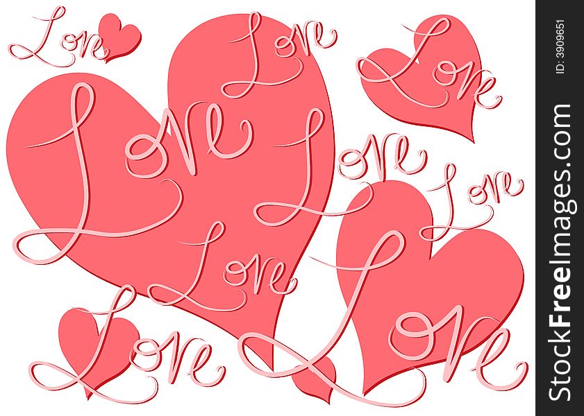 A background illustration featuring the words love handwritten in original font and casually arranged with hearts in pink tones on white. A background illustration featuring the words love handwritten in original font and casually arranged with hearts in pink tones on white