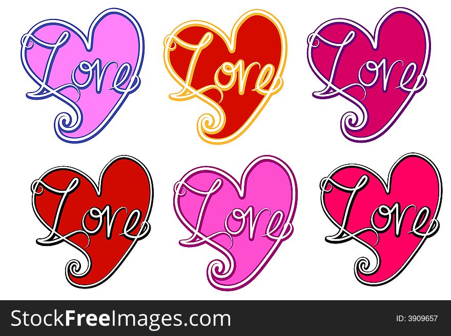 A clip art illustration featuring 6 colorful retro style hearts with the word 'love' handwritten in original font. A clip art illustration featuring 6 colorful retro style hearts with the word 'love' handwritten in original font.