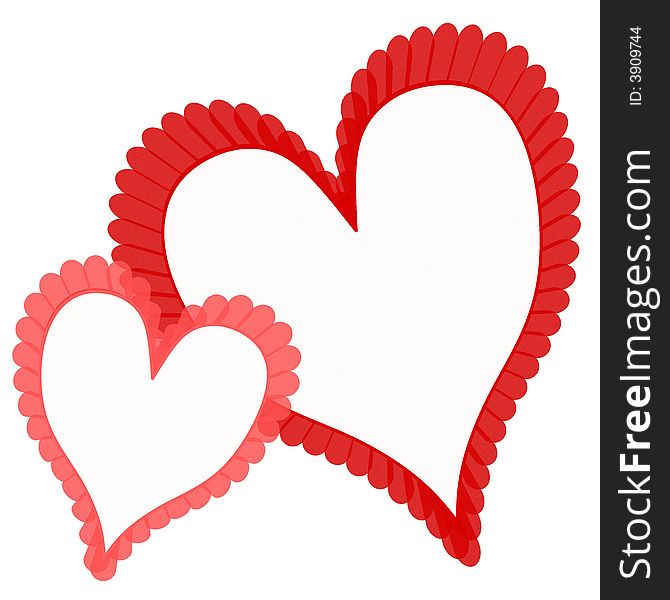 A clip art illustration featuring a pair of casually arranged hearts with a paper-like frill or fringe isolated on white. A clip art illustration featuring a pair of casually arranged hearts with a paper-like frill or fringe isolated on white