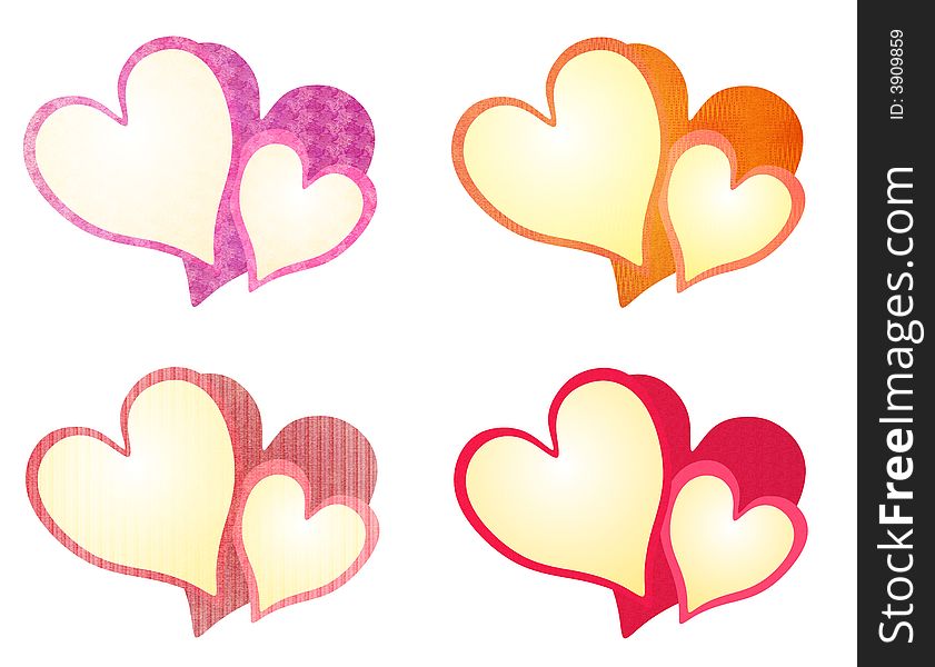 A clip art illustration featuring 4 colorful textured heart designs in purple, gold orange, dark and light pink isolated on white. A clip art illustration featuring 4 colorful textured heart designs in purple, gold orange, dark and light pink isolated on white
