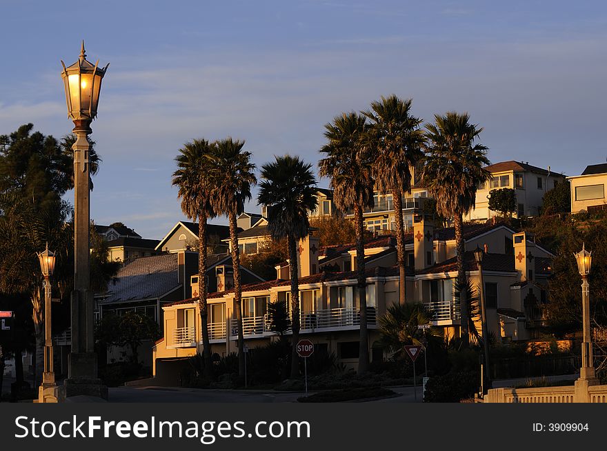 Sunrise on apartments in Capitola, before the street light had gone out. Sunrise on apartments in Capitola, before the street light had gone out