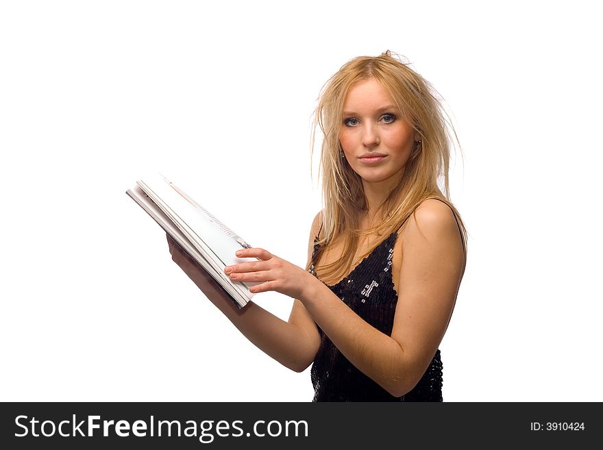 Portrait of a beautiful young blond girl with magazine, isolated on white. Portrait of a beautiful young blond girl with magazine, isolated on white