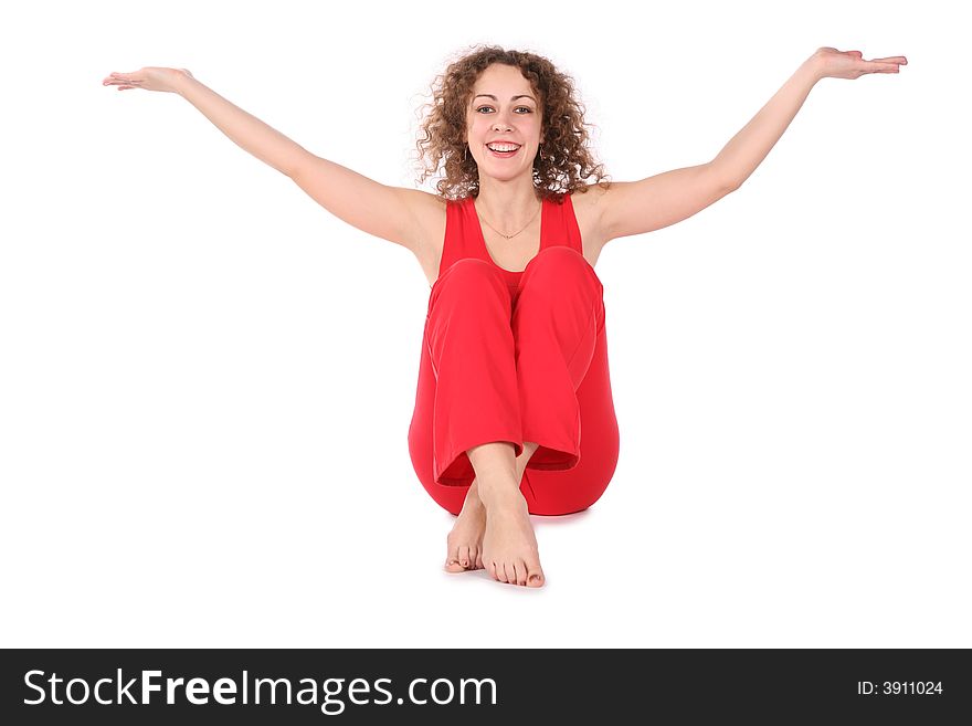 Girl sitting hands up on white