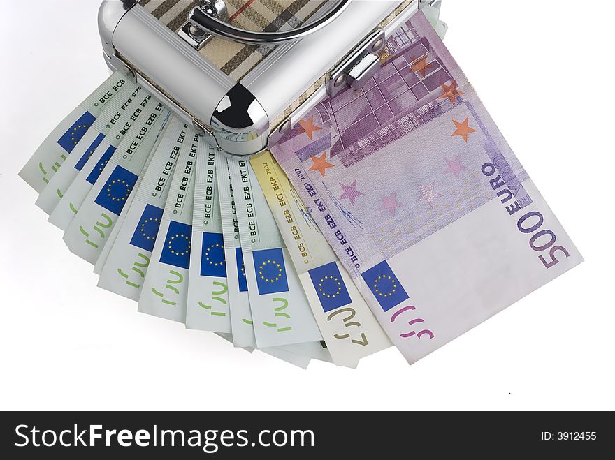 Euro one hundred bills in a box on a white background. Euro one hundred bills in a box on a white background.