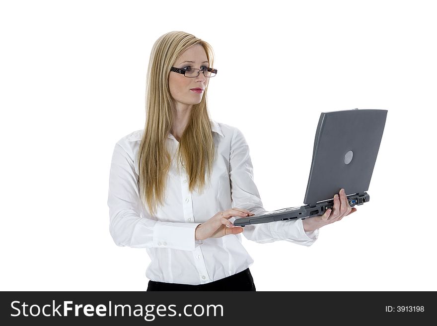 Business woman and laptop on white background