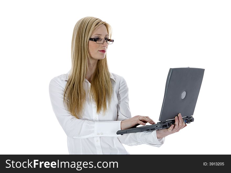Business woman and laptop on white background