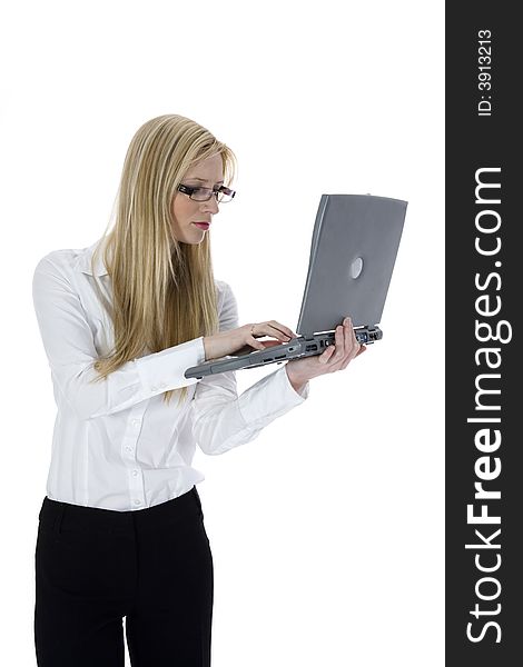 Business woman and laptop on white background